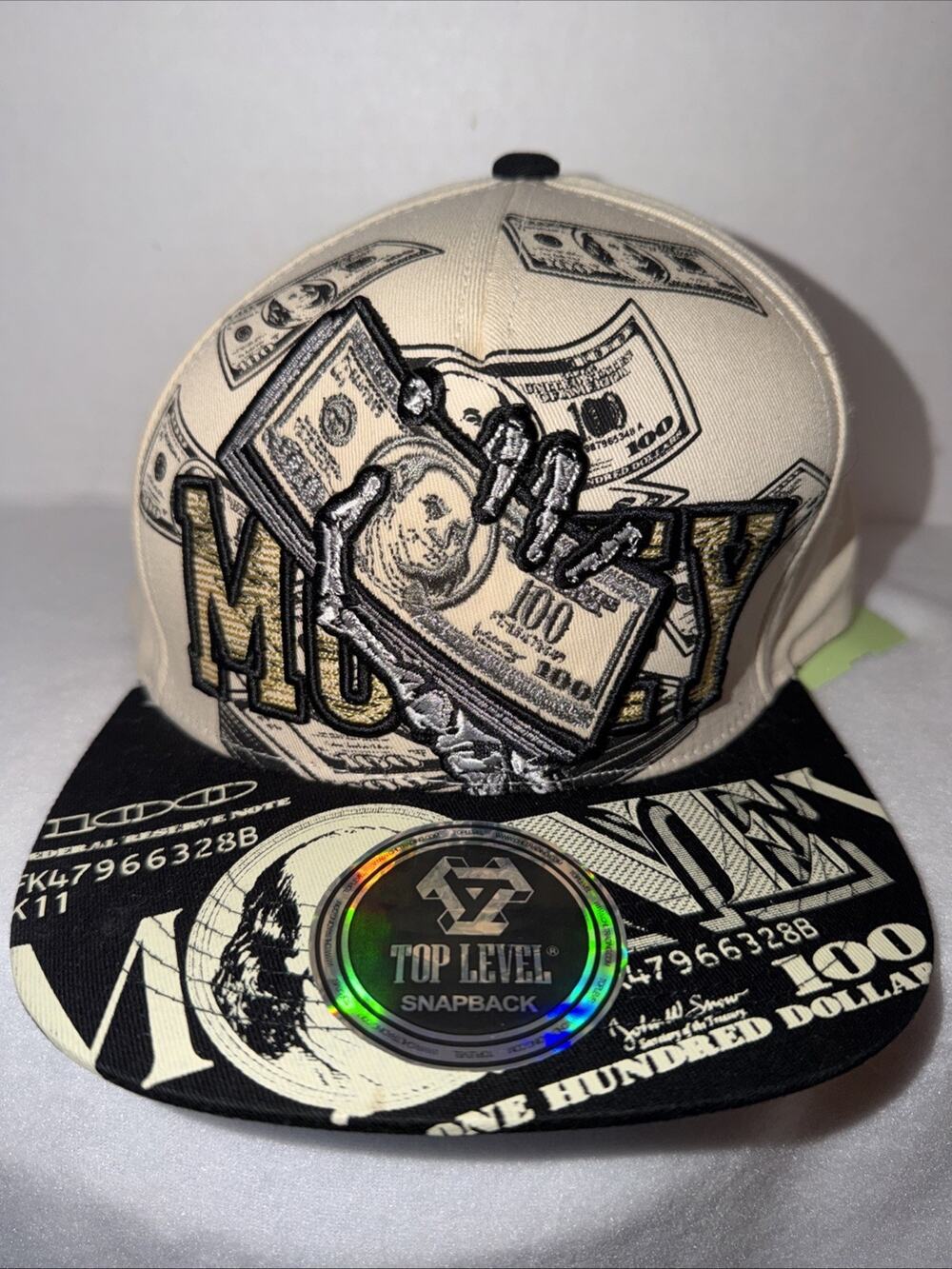 Top Level “Money Skeleton Benjamin”Embroidered SnapBack Cap Black/Beige